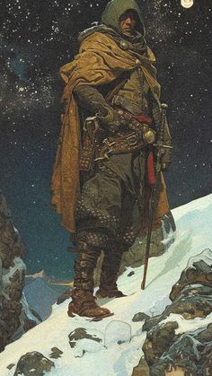 a man standing on top of a snow covered mountain under a night sky filled with stars