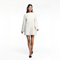 Questions? Leave A Comment Below! Chic White A-line Mini Dress, White Long Sleeve Evening Mini Dress, White Long Sleeve Mini Dress For Evening, White A-line Winter Dress, White A-line Mini Dress For Winter, White Winter Evening Dress, White Winter Evening Mini Dress, Chic Fitted Winter White Dresses, Elegant Off White Winter Dress