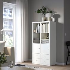 a living room with a white bookcase next to a window and a plant on top of it