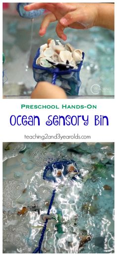 an ocean story bin is filled with seashells and water for kids to play in