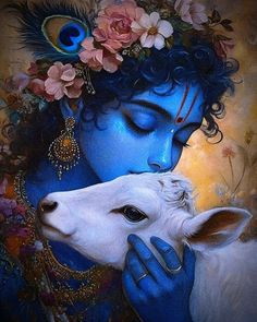 a painting of a woman holding a lamb with flowers on her head and blue skin