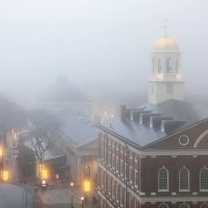 foggy city street with buildings and clock tower in the distance