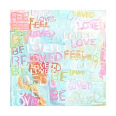 an abstract painting with the words love in different colors and shapes, on a white background