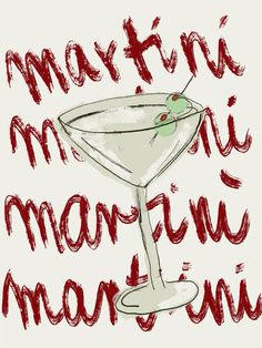 a drawing of a martini glass with a green olive on the rim and words that read may run margarita