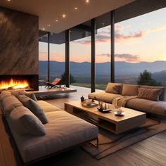 a living room filled with furniture and a fire place in front of a window overlooking the mountains