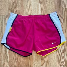 Nike Dri Fit Sport Shorts Sz: S Color: Pink/White (Outline Black/Yellow) In Great Condition White Color Block Sports Shorts, White Color Block Shorts For Spring, Sporty Yellow Color Block Bottoms, White Color Block Workout Bottoms, Yellow Summer Workout Shorts, Nike Yellow Workout Shorts, Yellow Summer Sports Shorts, Pink Color Block Short Bottoms, Pink Color Block Shorts