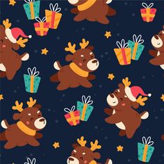 christmas bears with presents and stars on a dark blue background seamless wallpaper pattern