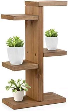 three wooden shelves with plants in them