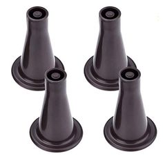 four black plastic cones are shown on a white background