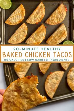 baked chicken tacos on a baking sheet with the text lower calorie crispy cheesy