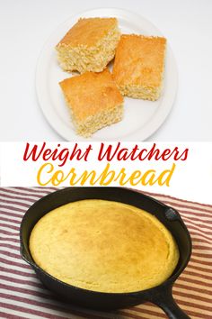 a pan filled with cornbread on top of a table next to a white plate