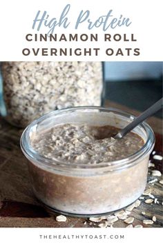 a jar filled with overnight oats on top of a wooden table