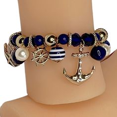 Crystal Avenue Blue White And Gold Beaded Stretch Bracelet With Assorted Nautical Charms And Beads. Approximate Measurement Is 6”, Unstretched. Condition: Brand New With Tags Have Never Been Worn. Adjustable Blue Nautical Bracelets, Adjustable Blue Nautical Bracelet, Nautical Blue Bracelets As A Gift, Blue Nautical Bracelets As Gifts, Blue Nautical Bracelets For Gift, Nautical Blue Bracelets For Gifts, Adjustable Blue Nautical Jewelry, Blue Nautical Style Bracelet For Gift, Adjustable Nautical Blue Jewelry