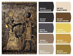 the color scheme for an egyptian painting is gold and black, with different colors to choose from