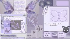 a collage of purple and white images with butterfly wings, words that read good vibes be kind