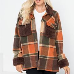 Stay Warm And Stylish With Our Plaid Wool-Like Shacket. The Self Is Made Of A Cozy, Vegan Wool-Like Fabric While The Contrast Features Soft Sherpa For Added Comfort. Fully Lined And Equipped With Front Snap Buttons And Pockets, This Shacket Is Both Practical And Fashionable. Model Is 5'10" And Wearing A Size Small With A Bust Of 48" And Length Of 29 1/2". Made Of 56% Polyester, 19% Acrylic, 12% Rayon, 6% Wool, And 7% Other For The Self And 100% Polyester For The Contrast. **New** Casual Orange Outerwear For Fall, Orange Outerwear With Pockets For Cold Weather, Orange Long-sleeve Outerwear With Pockets, Orange Long Sleeve Outerwear With Pockets, International Orange, Black Leather Jacket Men, Mlp Characters, Black Faux Leather Jacket, Herringbone Tweed