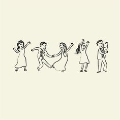 a line drawing of people dancing with each other and holding hands in front of them