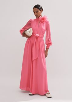 Silk Full-Length Dress With Corsage + Belt | ME+EM Hbd Style, Mother Of The Bride Inspiration, Aw Style, Mother Bride, Luxury Dresses, Different Dresses, Full Length Dress, Perfect Pink, Material Girl