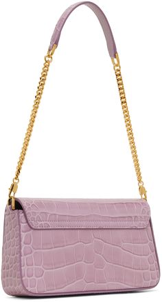 Croc-embossed calfskin shoulder bag in purple. · Detachable shoulder strap · Logo hardware at face · Magnetic press-stud flap · Two card slots at interior · Grained leather lining · H4.25 x W8 x D1.75 Supplier color: Lilac Luxury Purple Shoulder Bag With Adjustable Strap, Luxury Purple Shoulder Bag With Detachable Strap, Purple Leather Shoulder Bag With Chain Strap, Luxury Purple Rectangular Bag, Luxury Purple Shoulder Bag With Chain Strap, Crocodile Purse Pink, Designer Purple Bag With Silver-tone Hardware, Designer Purple Bag With Gold-tone Hardware, Purple Leather-handled Crossbody Bag