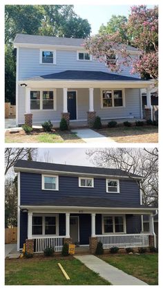 before and after photos of a blue house with white trim on the front, and in the back