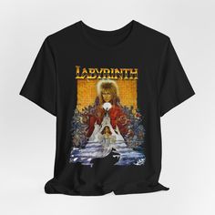 a black t - shirt with an image of ladyrinh on the front and back