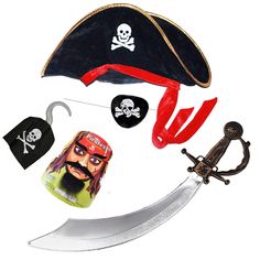 PRICES MAY VARY. Made from high-quality black felt with gold/silver brim, white skull and crossbones on center of the brim Bonus 1 eye patch and 1 pirate hook,1 mustache, 1 plastic pirate sword, The eye patch has elastic band to adjust it comfortably fit around your head Unisex! One size fits most. The hat head circumference approx. 20.5"-23", Perfect for kids, teens, adult, men & women Use for roleplay: Funny roleplay accessories & cosplay for school plays, theater and dramatizations These pira Adjustable Pirate Costume Accessories For Costume Party, Pirate Costume Accessories For Halloween, Pirate Costume Accessories For Costume Party, Pirate Style Halloween Costume Accessories, Adjustable Pirate Costume Accessories For Halloween, Pirate Costume Accessories For Halloween Party, Pirate Style Costume Accessories For Halloween Party, Pirate Style Halloween Party Costume Accessories, Pirate Costume Hat For Halloween