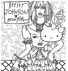 a drawing of a girl holding a hello kitty doll in front of a sign that says best johnson hello kitty