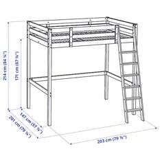 a drawing of a loft bed with a ladder and desk underneath it, measurements for the height