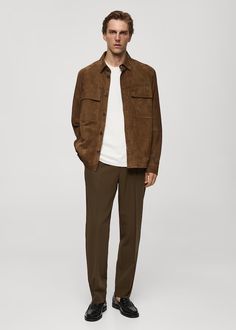 Overshirt with 100% suede leather pocket - Man | MANGO USA Antoine Griezmann, Leather Pocket, Brown Pants, Leather Products, Welt Pocket, Suede Leather, Patch Pocket, Mango, The 100