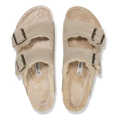 Arizona Shearling Suede Leather Taupe | BIRKENSTOCK Two Strap Sandals, Suede Fashion, Suede Mules, Strap Wedge, Leather Cushion, Shoe Insoles, Platform Wedge Sandals, Birkenstock Arizona, Vegan Shoes