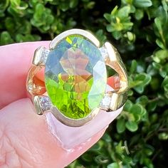 From My Personal Collection, Stunning Peridot & Diamond Ring. Peridot Is Super Saturated, Very Vivid Green Color. Ring Is Very Chunky( Weights 11.2 Grams), One Of A Kind Designer Looking Piece , Not Something You Are Likely To Find At The Department Store.All Pictures Are Part Of The Description. I Do Not Have A Carat Weight , But Peridot In Setting Approximately Measuring 17mm By 10.5 Mmm In Size, Ring Is Approximately Size 8.5 On Ring Madrel. I Purchased It Many Years Ago At The Estate Sale & Hardly Wore , Was Stored In My Safe For Years. I Do Not Have Any History / Story Behind The Ring, Other Than It Looks Like It Was A Custom Made And One Of A Kind Piece! Fine Jewelry With Lime Green Diamond, Fine Jewelry Lime Green Diamond, Green Oval Diamond Ring With Diamond Cut, Lime Green Fine Jewelry With Center Stone, Green 14k Gold Gemstones For Anniversary, Green 14k Gold Gemstones With Accent Stones, Green Gemstones For Anniversary Fine Jewelry, Color Ring, Pink Diamond