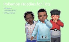 three children with pokemon hoodies for tots are standing in front of a green background