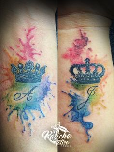 two watercolor tattoos with crowns on their arms and the words love are painted in different colors