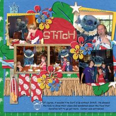 a scrapbook page with pictures of people and children at a booth in front of a sign that says stitch