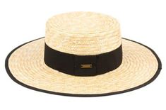 This fun hat features a braided, blonde straw build, accented by a black fabric edge on the brim and a black grosgrain hatband on the crown. The adjustable drawstring sweatband is comfortable, so you'll never want to take this hat off! Brim: Approx 3" Casual Spring Boater Hat With Flat Crown, Spring Casual Boater Hat With Flat Crown, Adjustable Chic Straw Hat Band, Casual Sun Hat With Flat Crown For Vacation, Casual Straw Hat With Flat Crown For Spring, Adjustable Black Panama Hat For Day Out, Chic Straw Hat With Flat Crown, Casual Straw Hat With Flat Crown, Chic Adjustable Straw Hat With Flat Crown