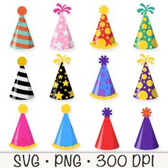 birthday party hats with different colors and designs