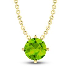 Vibrant, eye-catching, and August's birthstone, this beautiful solitaire necklace showcases a round-cut peridot at its center. The 10K yellow gold pendant hang from an 18-inch cable chain and secures with a spring ring clasp. Round Peridot Birthstone Necklace, Green Gemstone Round Birthstone Necklace, Green Round Gemstone Birthstone Necklace, Green Round Birthstone Necklace For May, Green Birthstone Necklace For May, Green Round May Birthstone Necklace, Classic Green Birthstone Necklace For Anniversary, Green Round Pendant Birthstone Necklace Fine Jewelry, Green Round Pendant Birthstone Necklace