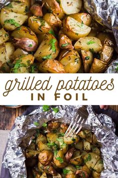 grilled potatoes in foil with parsley on top and the words grilled potatoes in foil above it