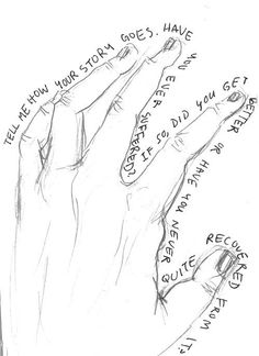 a drawing of two hands with writing on them