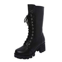 Military Madam Boots Vegan faux leather zip up boots with a lace-up look that come to a great mid-shin length. We love the cool chunky corrugated tire sole. Super cute with a mini skirt or skinny jeans! Please check the size chart below before ordering and measure your foot length. These run small! Material: PU; Waterproof Rubber. Heel Height: 2.6"/6.5cm Length: 9.8"/25cm Closure: Zip. Size US Size Heel to Toe 35 5 8.9" (22.5cm) 36 6 9" (23cm) 37 6.5 9.3" (23.5cm) 38 7.5 9.4" (24cm) 39 8.5 9.6" Casual Winter Platform Boots With Lace-up Fastening, Casual Knee-high Faux Leather Combat Boots, Winter Streetwear Combat Boots With Zipper Closure, Winter Streetwear Combat Boots With Zipper, Edgy Knee-high Boots With Zipper For Winter, Knee-high Lace-up Boots With Zipper For Fall, Edgy Winter Knee-high Boots With Zipper Closure, Edgy Winter Knee-high Boots With Zipper, Punk Style Lace-up Boots With Zipper For Winter