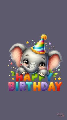 an elephant with a party hat on its head and the words happy birthday written below it