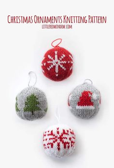 three christmas ornaments knitted in red, white and green yarn with snowflakes on them