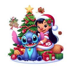 a cartoon character with a christmas tree and presents in front of her is stitchy