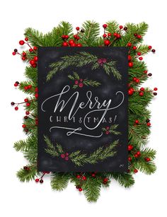 a merry christmas card with pine branches and berries on the bottom, surrounded by red berries