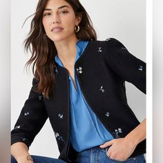 Beautiful Blazer With Floral Stitching Detail. Perfect For Office Or Styling With Jeans For Fall. Open Front. Lined. Purchased May 2023. Tweed Jacket Style, Office Workwear, Ann Taylor Petite, Summer Suit, Black Suit Jacket, Cropped Blazer Jacket, Knitted Suit, Single Button Blazer, Houndstooth Blazer