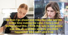 two pictures one with a woman and the other with a cake in it, both looking at each other