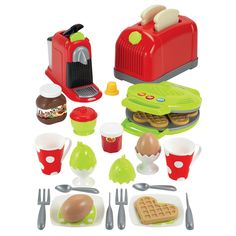 play food set with toaster, eggs, waffles and other items