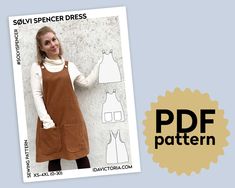 a woman wearing an apron and dress with the sewing pattern on it's side