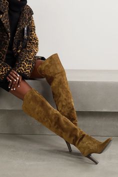 Brown Blu suede over-the-knee boots | SAINT LAURENT | NET-A-PORTER Saint Laurent Dress, Nude Boots, Metallic Mini Dresses, Fab Shoes, Mini Robes, Saint Laurent Shoes, Fit Inspo, Boots Outfit, Thigh High Boots