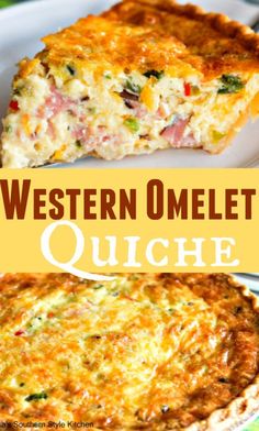 a quiche with ham and cheese is shown on a white plate next to the words, western omelet quickie